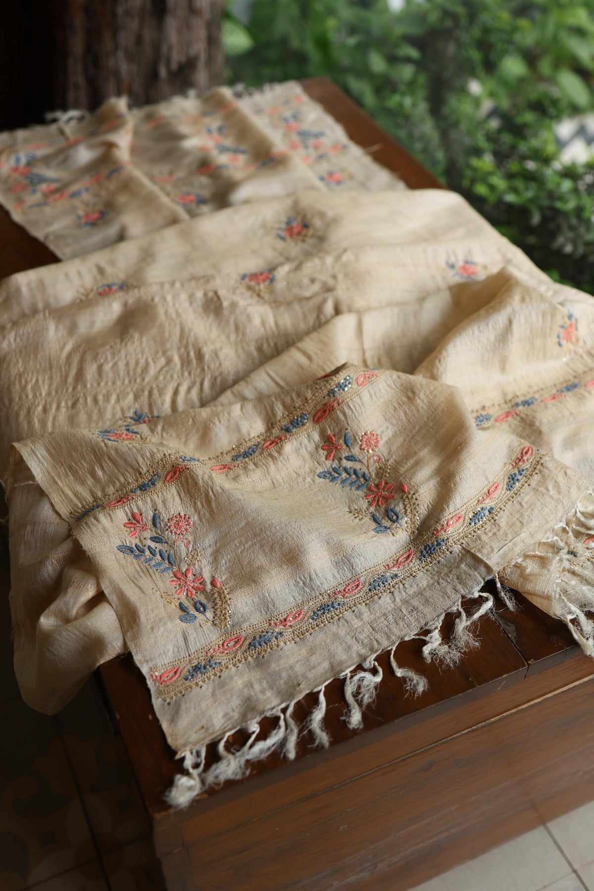 Natural Beige Tussar Silk Chikankari & Mukaish Kamdani Unstitched Kurta Dupatta Set
