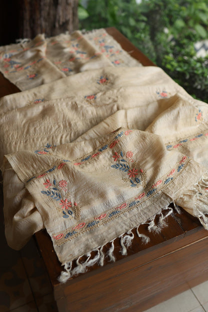 Natural Beige Tussar Silk Chikankari & Mukaish Kamdani Unstitched Kurta Dupatta Set