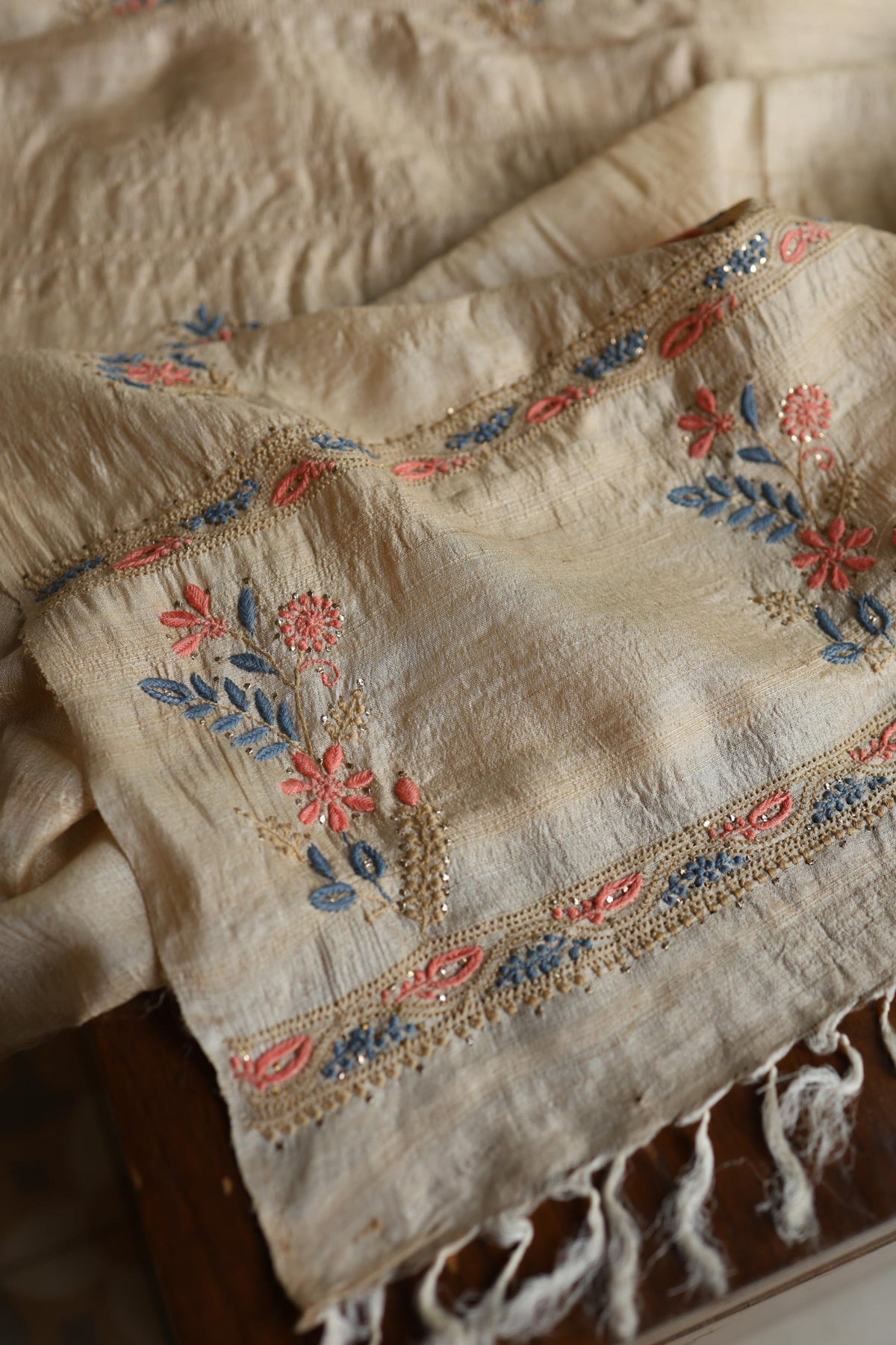 Natural Beige Tussar Silk Chikankari & Mukaish Kamdani Unstitched Kurta Dupatta Set