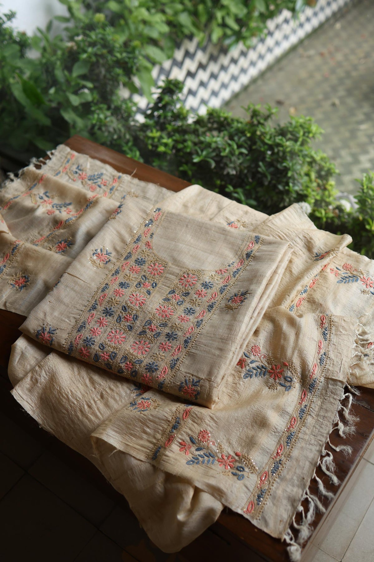 Natural Beige Tussar Silk Chikankari & Mukaish Kamdani Unstitched Kurta Dupatta Set