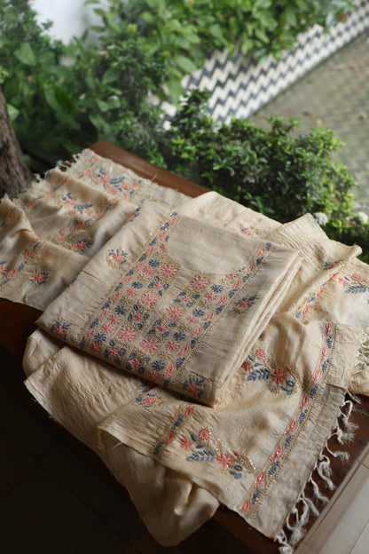 Natural Beige Tussar Silk Chikankari & Mukaish Kamdani Unstitched Kurta Dupatta Set