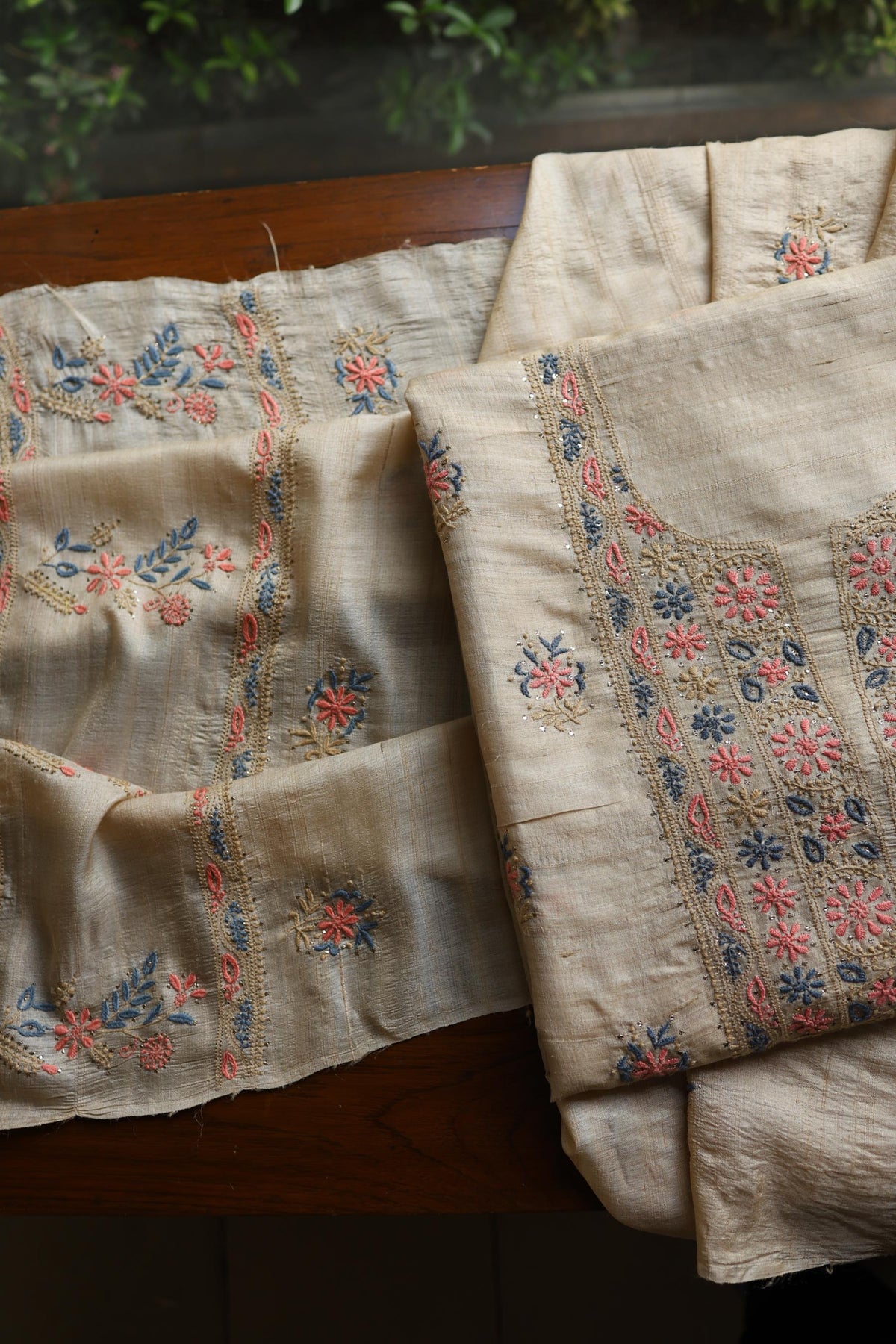 Natural Beige Tussar Silk Chikankari & Mukaish Kamdani Unstitched Kurta Dupatta Set