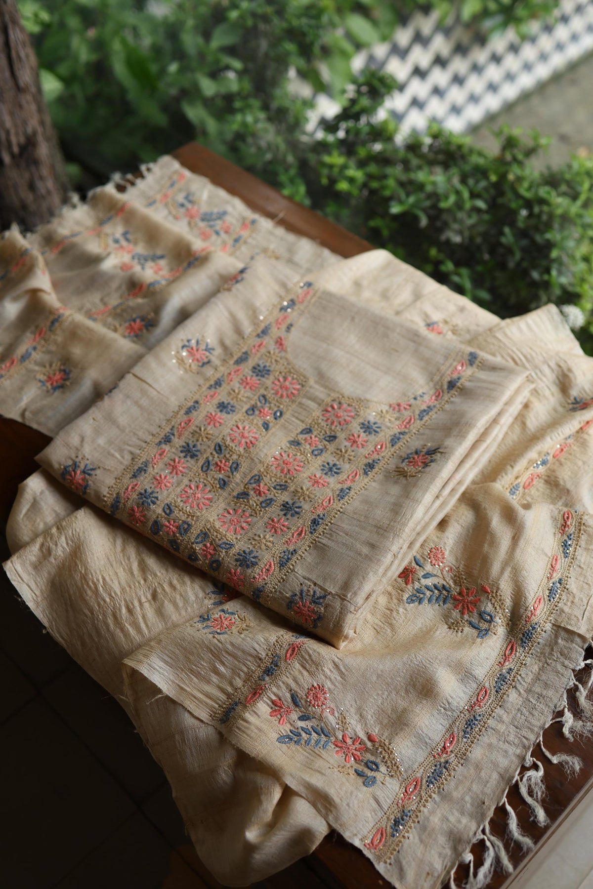 Natural Beige Tussar Silk Chikankari & Mukaish Kamdani Unstitched Kurta Dupatta Set