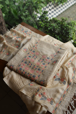 Natural Beige Tussar Silk Chikankari & Mukaish Kamdani Unstitched Kurta Dupatta Set