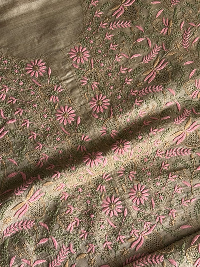 Natural Beige Tussar Silk Unstitched Kurta Dupatta Set with Multicolour Chikankari Embroidery