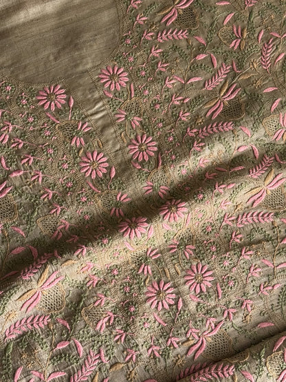 Natural Beige Tussar Silk Unstitched Kurta Dupatta Set with Multicolour Chikankari Embroidery