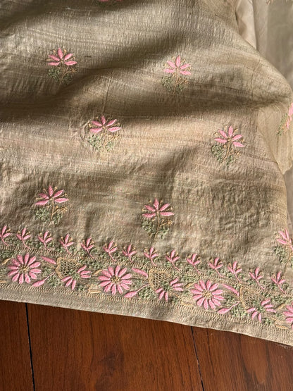Natural Beige Tussar Silk Unstitched Kurta Dupatta Set with Multicolour Chikankari Embroidery