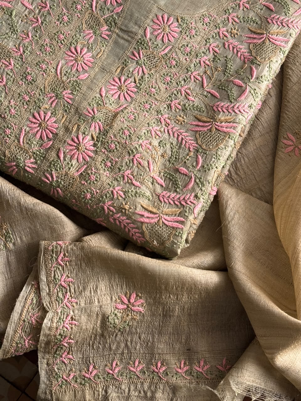 Natural Beige Tussar Silk Unstitched Kurta Dupatta Set with Multicolour Chikankari Embroidery