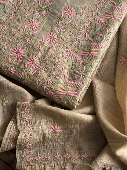 Natural Beige Tussar Silk Unstitched Kurta Dupatta Set with Multicolour Chikankari Embroidery