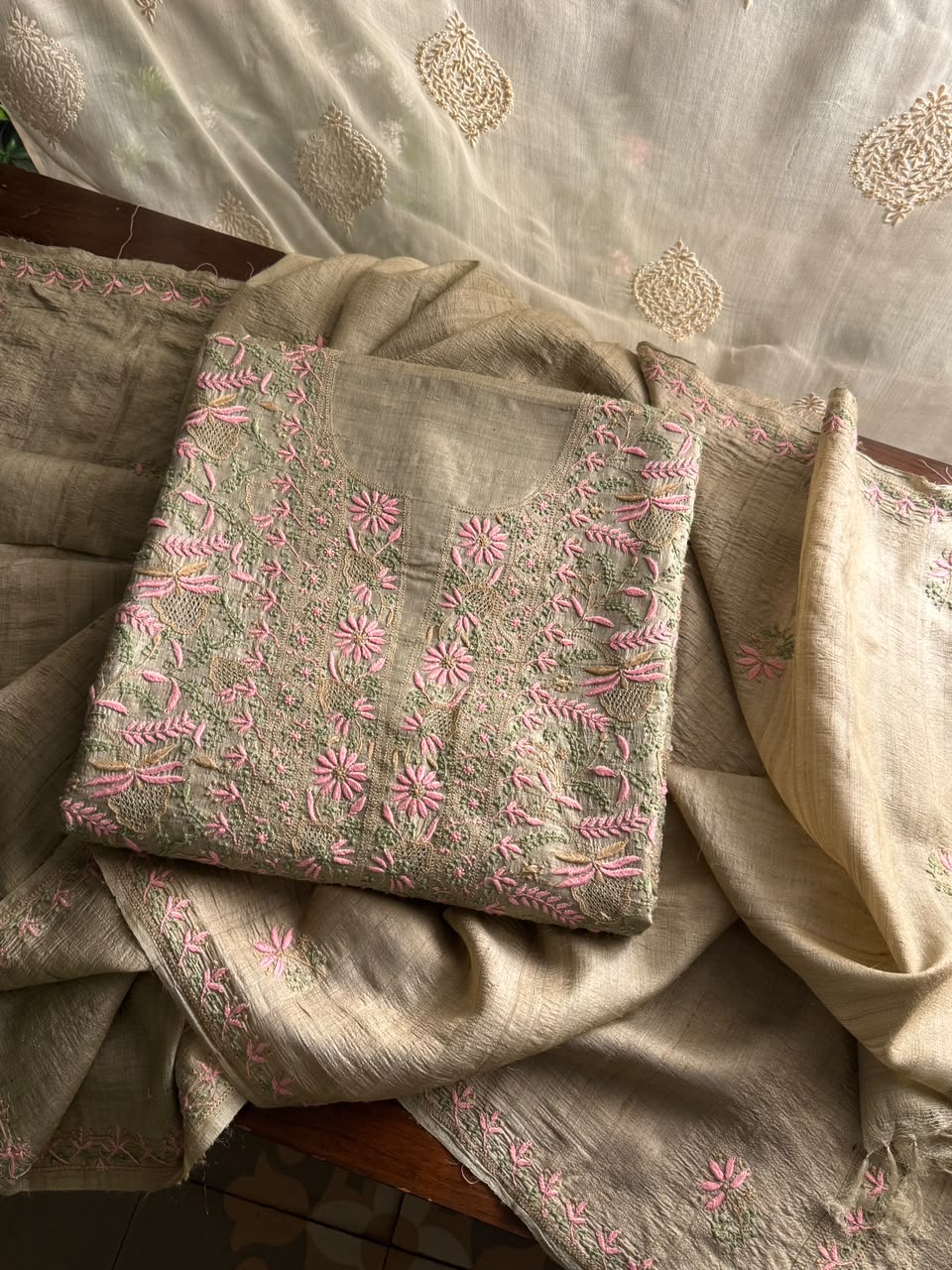 Natural Beige Tussar Silk Unstitched Kurta Dupatta Set with Multicolour Chikankari Embroidery