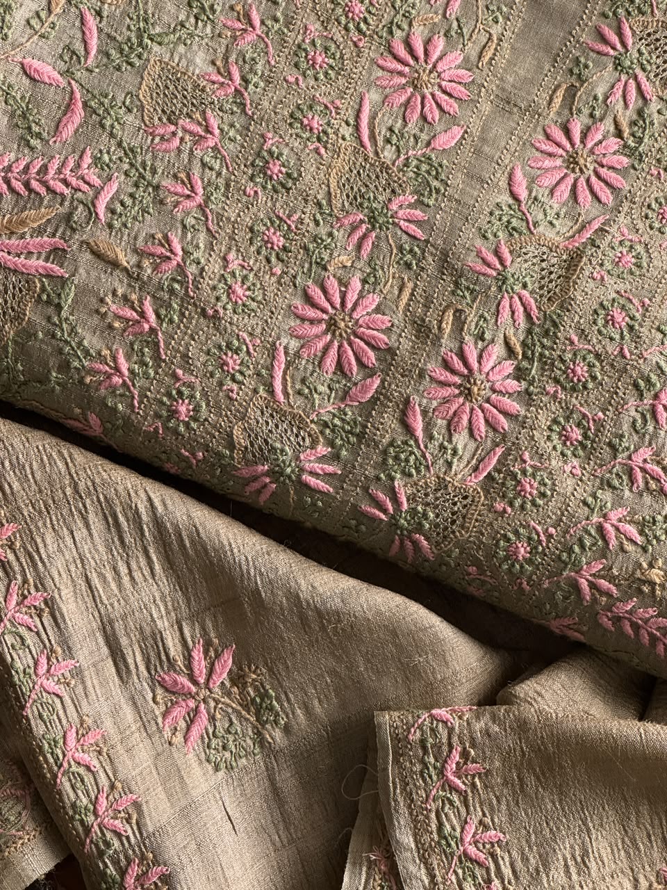 Natural Beige Tussar Silk Unstitched Kurta Dupatta Set with Multicolour Chikankari Embroidery