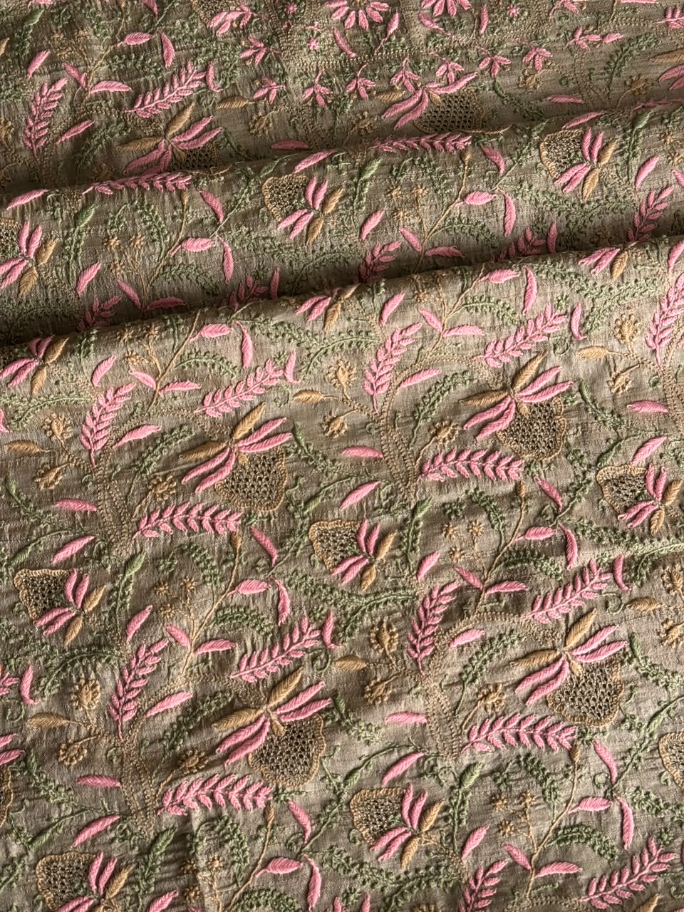 Natural Beige Tussar Silk Unstitched Kurta Dupatta Set with Multicolour Chikankari Embroidery