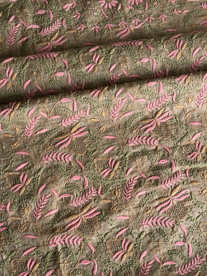 Natural Beige Tussar Silk Unstitched Kurta Dupatta Set with Multicolour Chikankari Embroidery