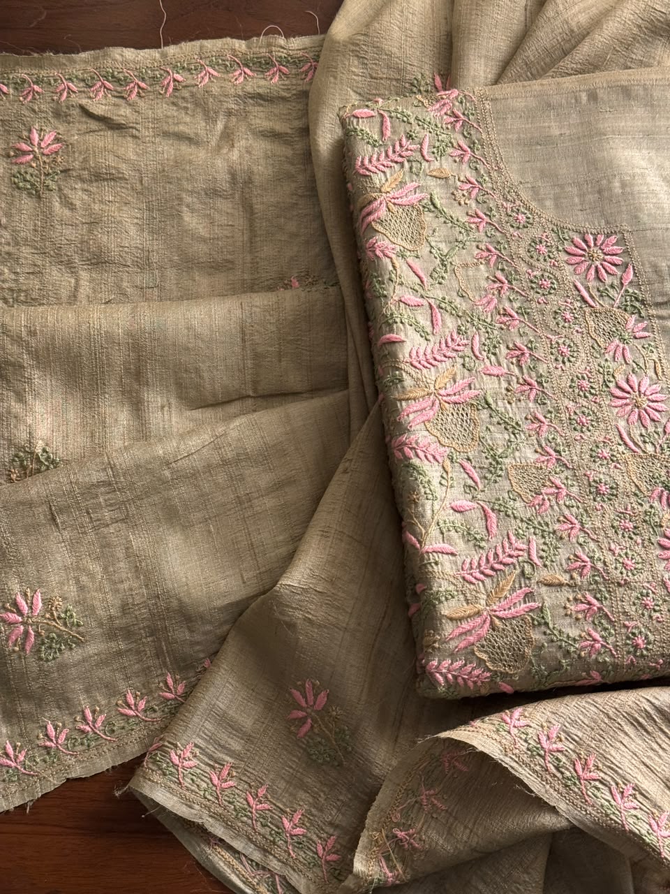 Natural Beige Tussar Silk Unstitched Kurta Dupatta Set with Multicolour Chikankari Embroidery