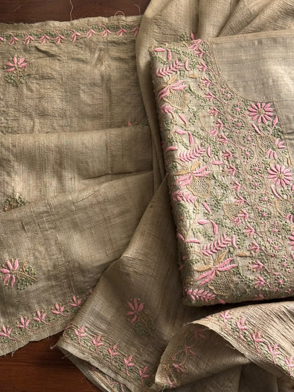 Natural Beige Tussar Silk Unstitched Kurta Dupatta Set with Multicolour Chikankari Embroidery