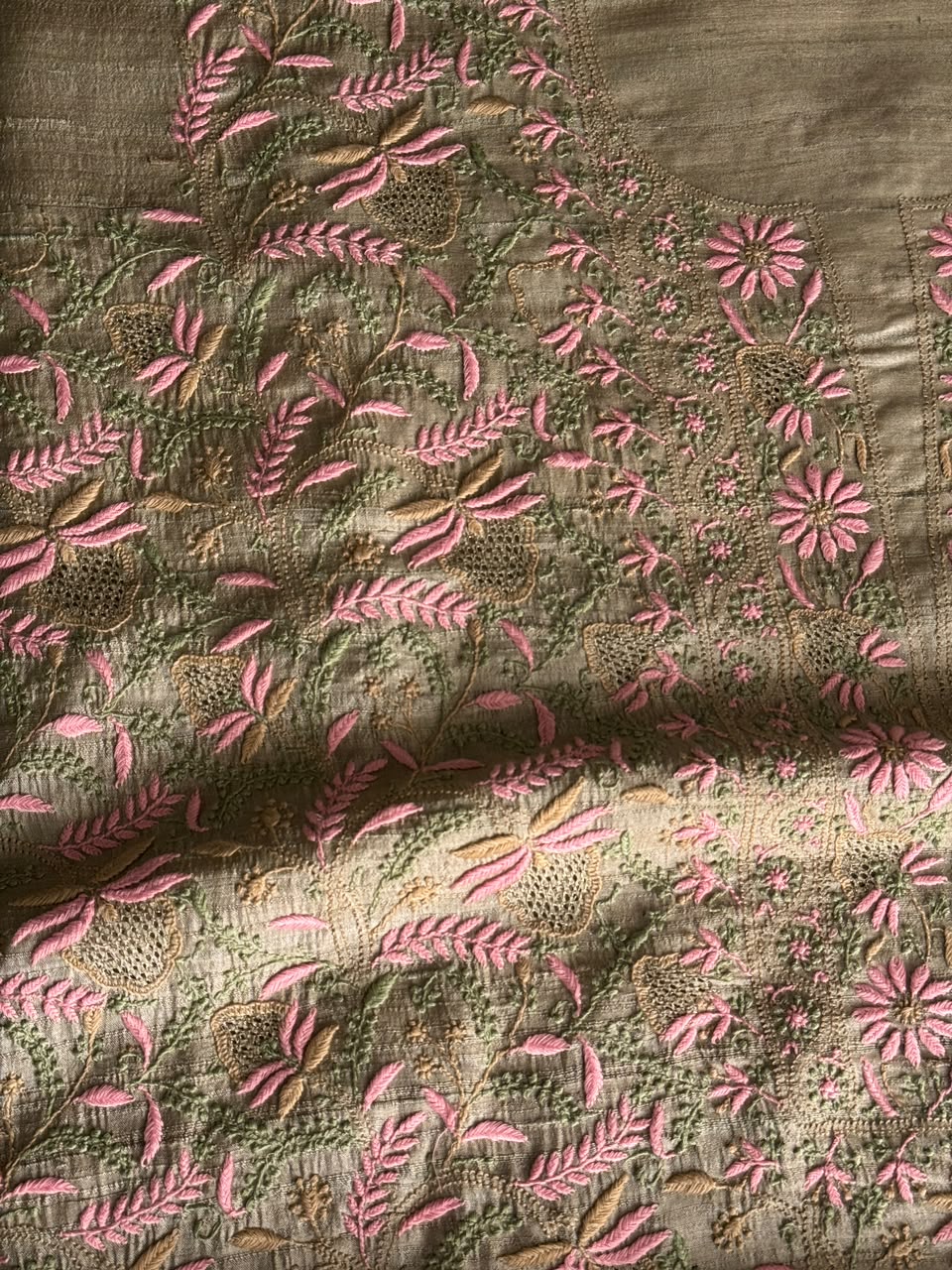Natural Beige Tussar Silk Unstitched Kurta Dupatta Set with Multicolour Chikankari Embroidery