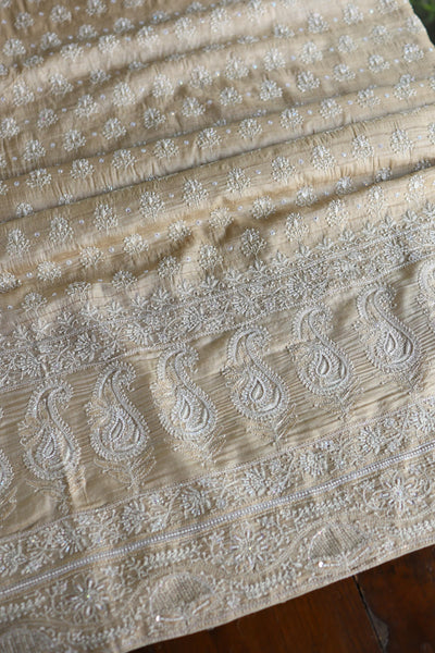 Natural Colour Tussar Silk Ari Embroidery Unstitched Kurta Dupatta Set