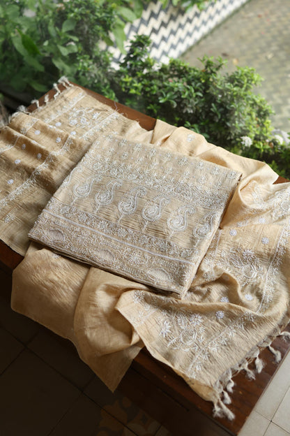 Natural Colour Tussar Silk Ari Embroidery Unstitched Kurta Dupatta Set