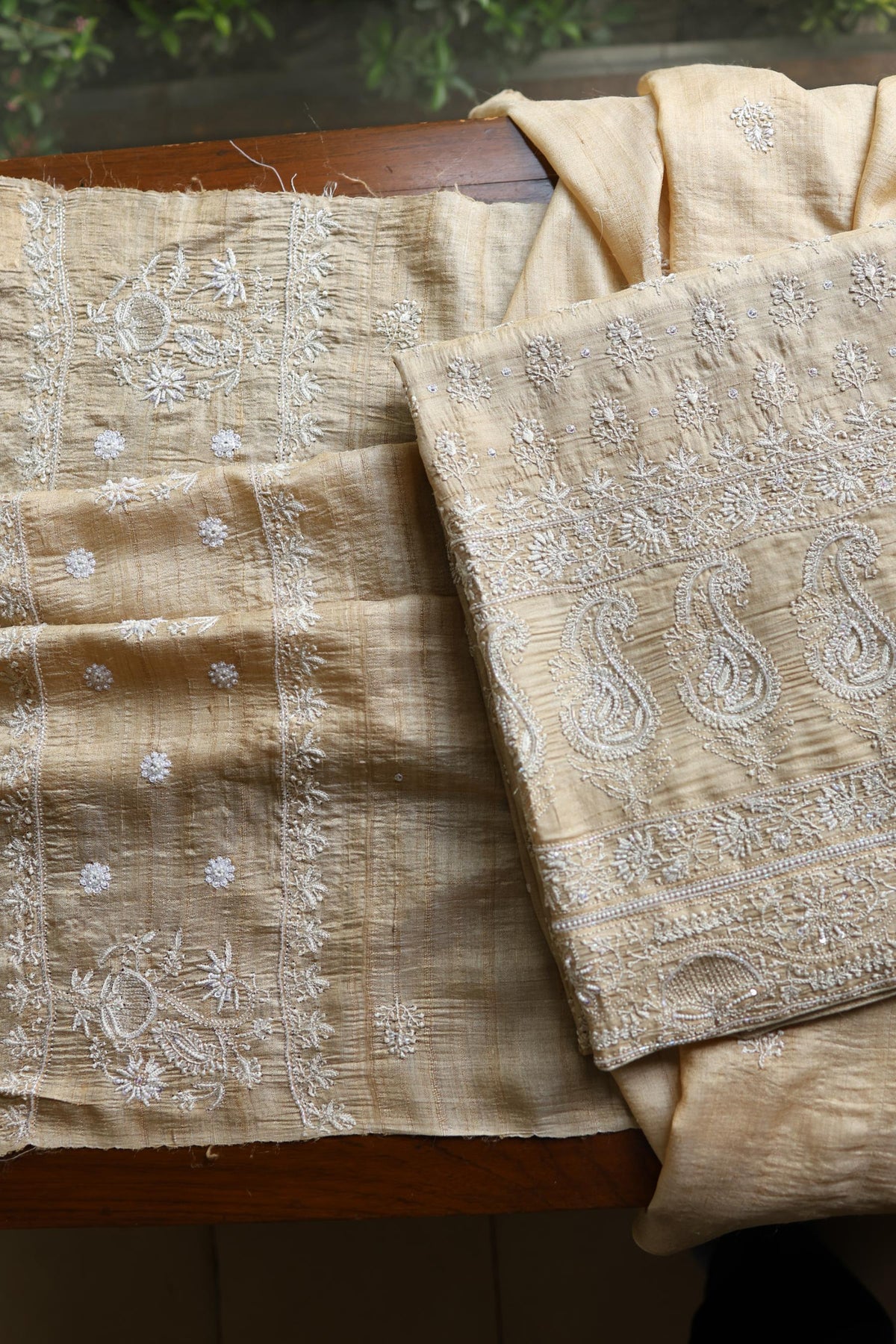 Natural Colour Tussar Silk Ari Embroidery Unstitched Kurta Dupatta Set
