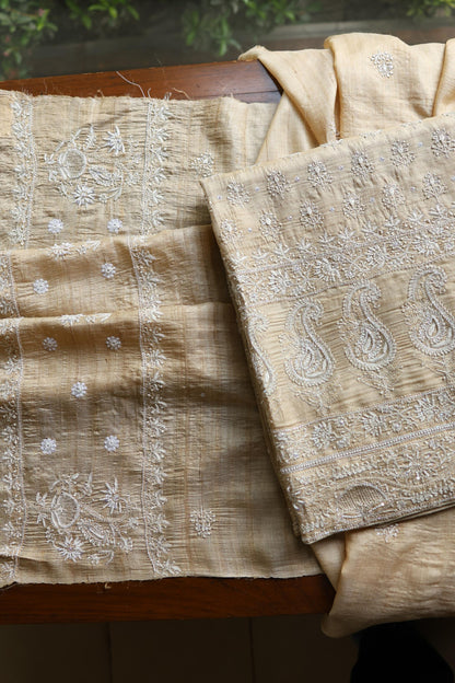 Natural Colour Tussar Silk Ari Embroidery Unstitched Kurta Dupatta Set