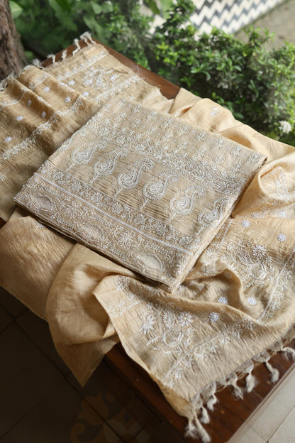 Natural Colour Tussar Silk Ari Embroidery Unstitched Kurta Dupatta Set