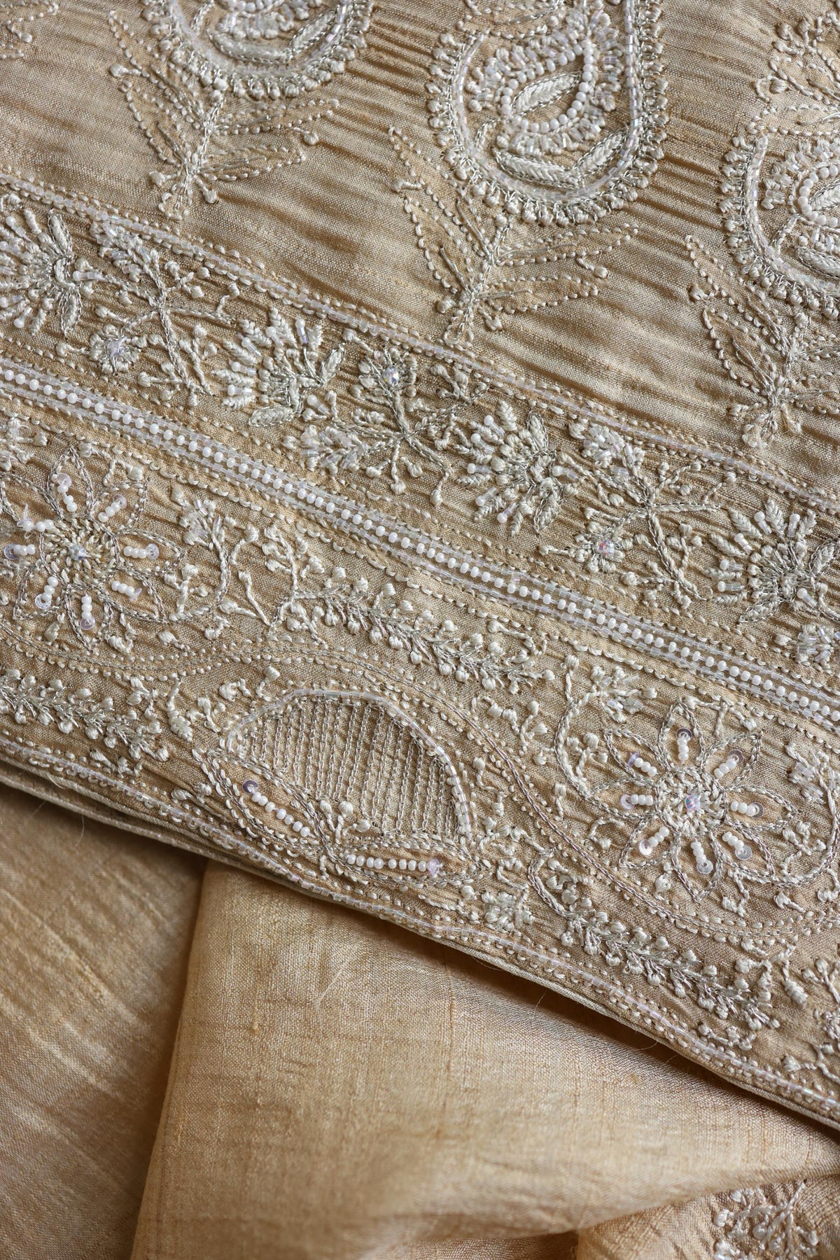 Natural Colour Tussar Silk Ari Embroidery Unstitched Kurta Dupatta Set