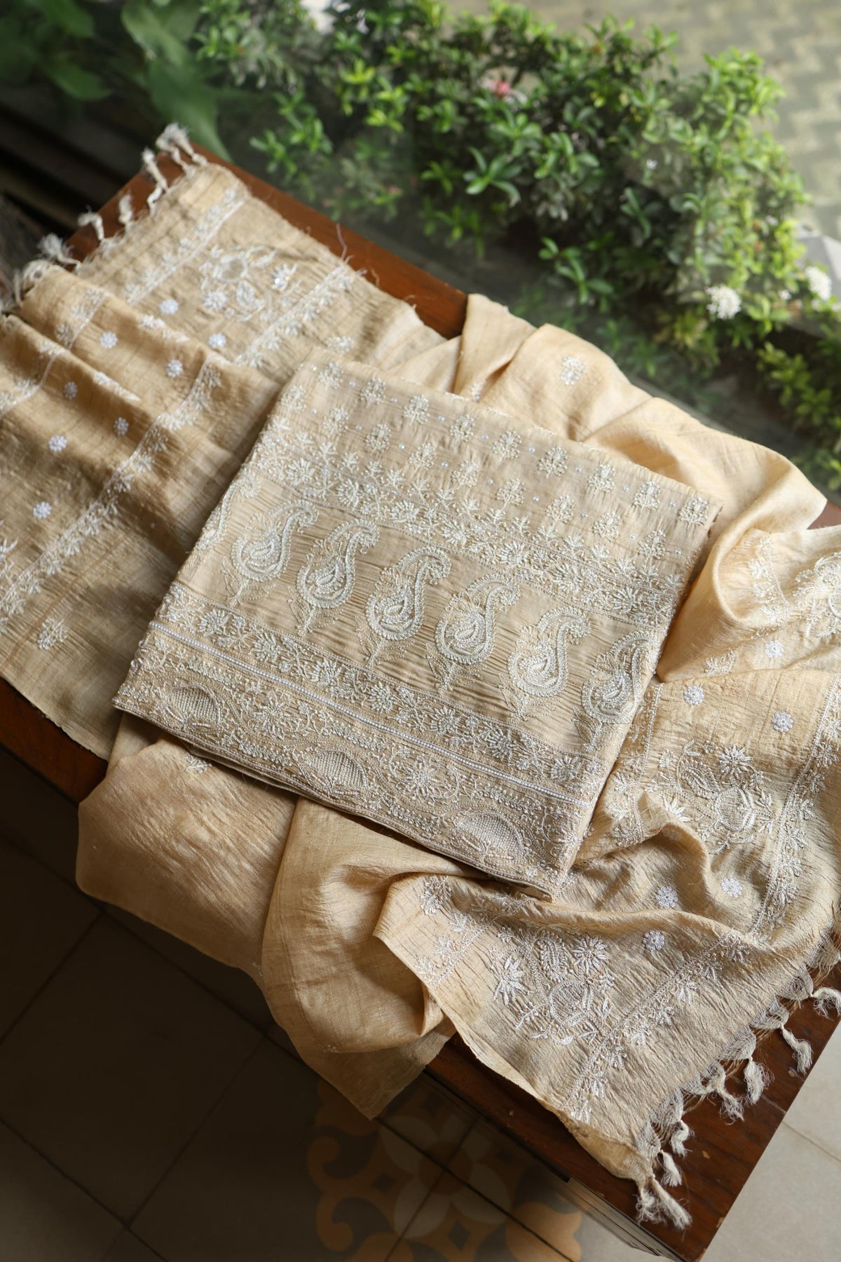 Natural Colour Tussar Silk Ari Embroidery Unstitched Kurta Dupatta Set