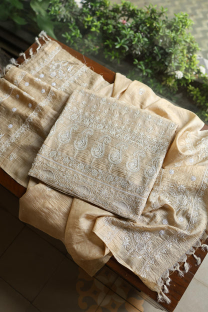 Natural Colour Tussar Silk Ari Embroidery Unstitched Kurta Dupatta Set