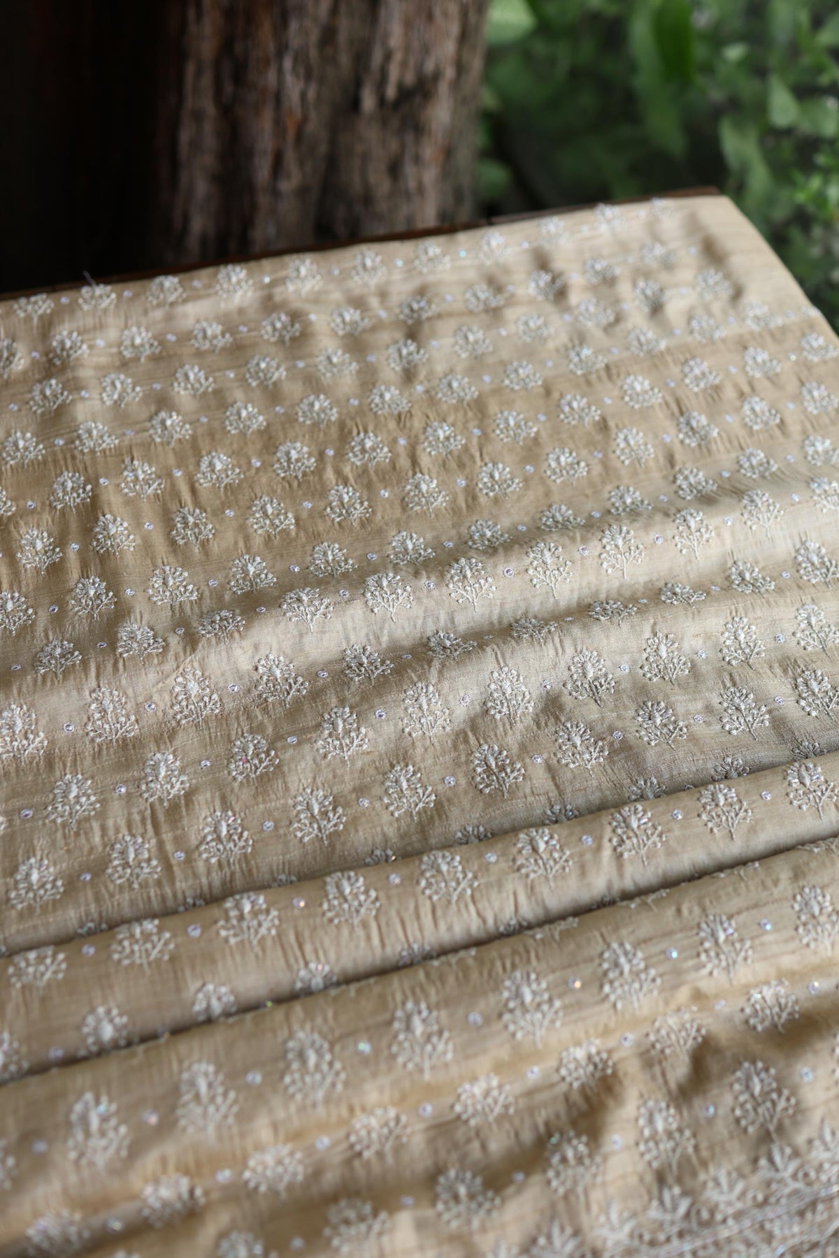 Natural Colour Tussar Silk Ari Embroidery Unstitched Kurta Dupatta Set