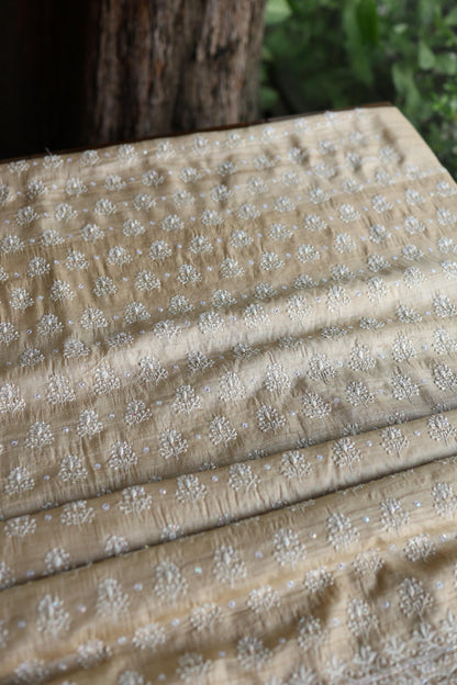 Natural Colour Tussar Silk Ari Embroidery Unstitched Kurta Dupatta Set