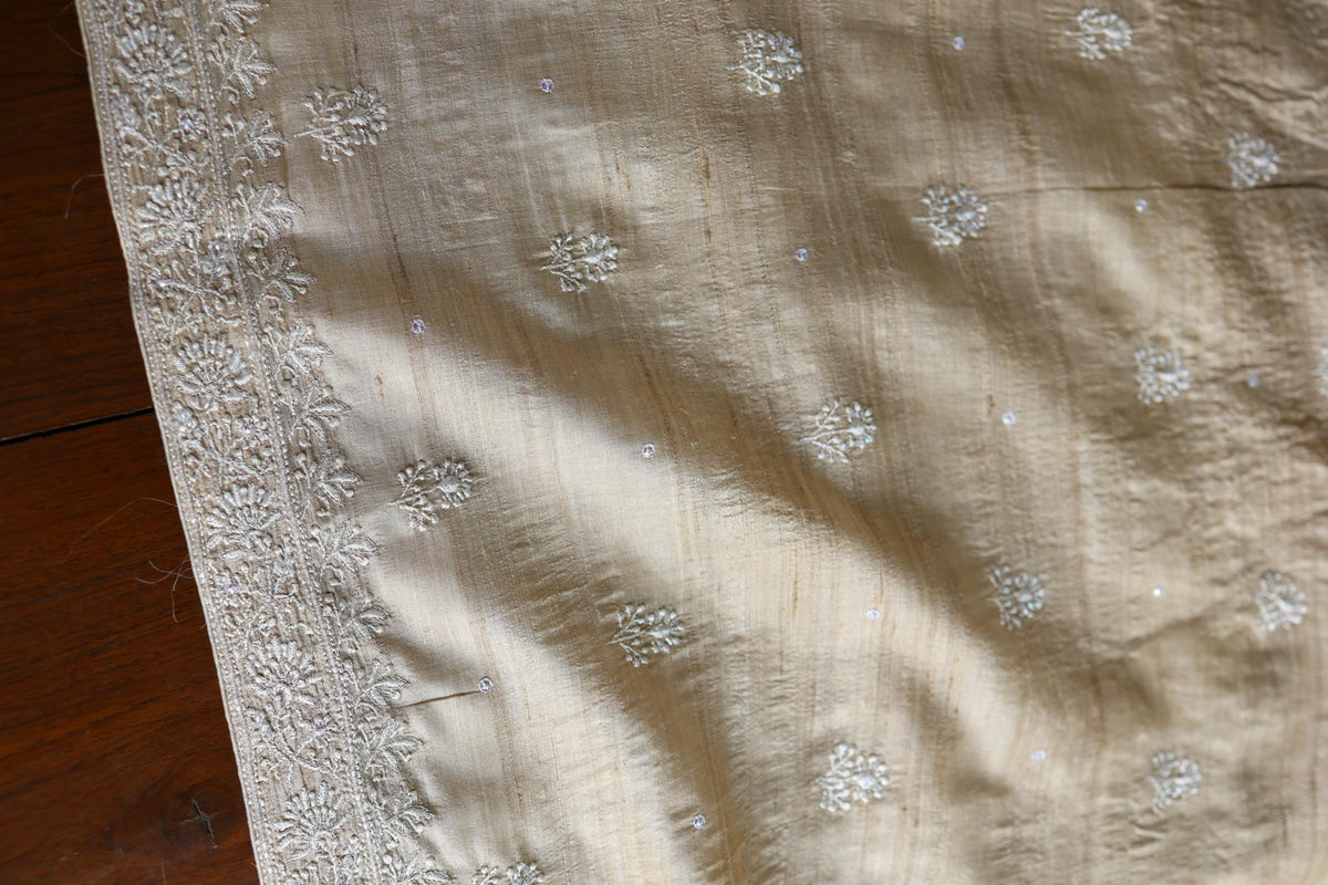 Natural Colour Tussar Silk Ari Embroidery Unstitched Kurta Dupatta Set