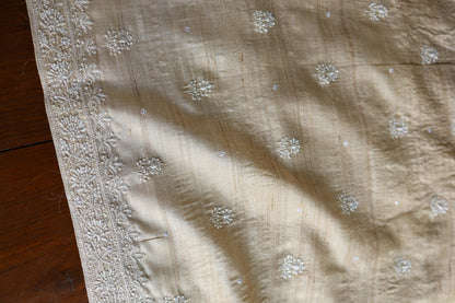 Natural Colour Tussar Silk Ari Embroidery Unstitched Kurta Dupatta Set