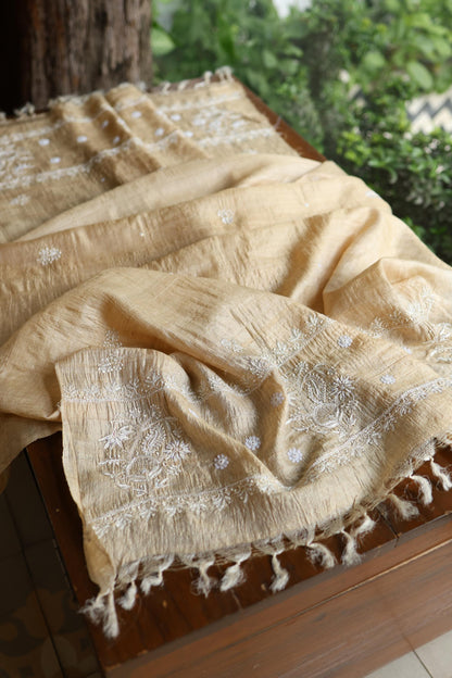 Natural Colour Tussar Silk Ari Embroidery Unstitched Kurta Dupatta Set