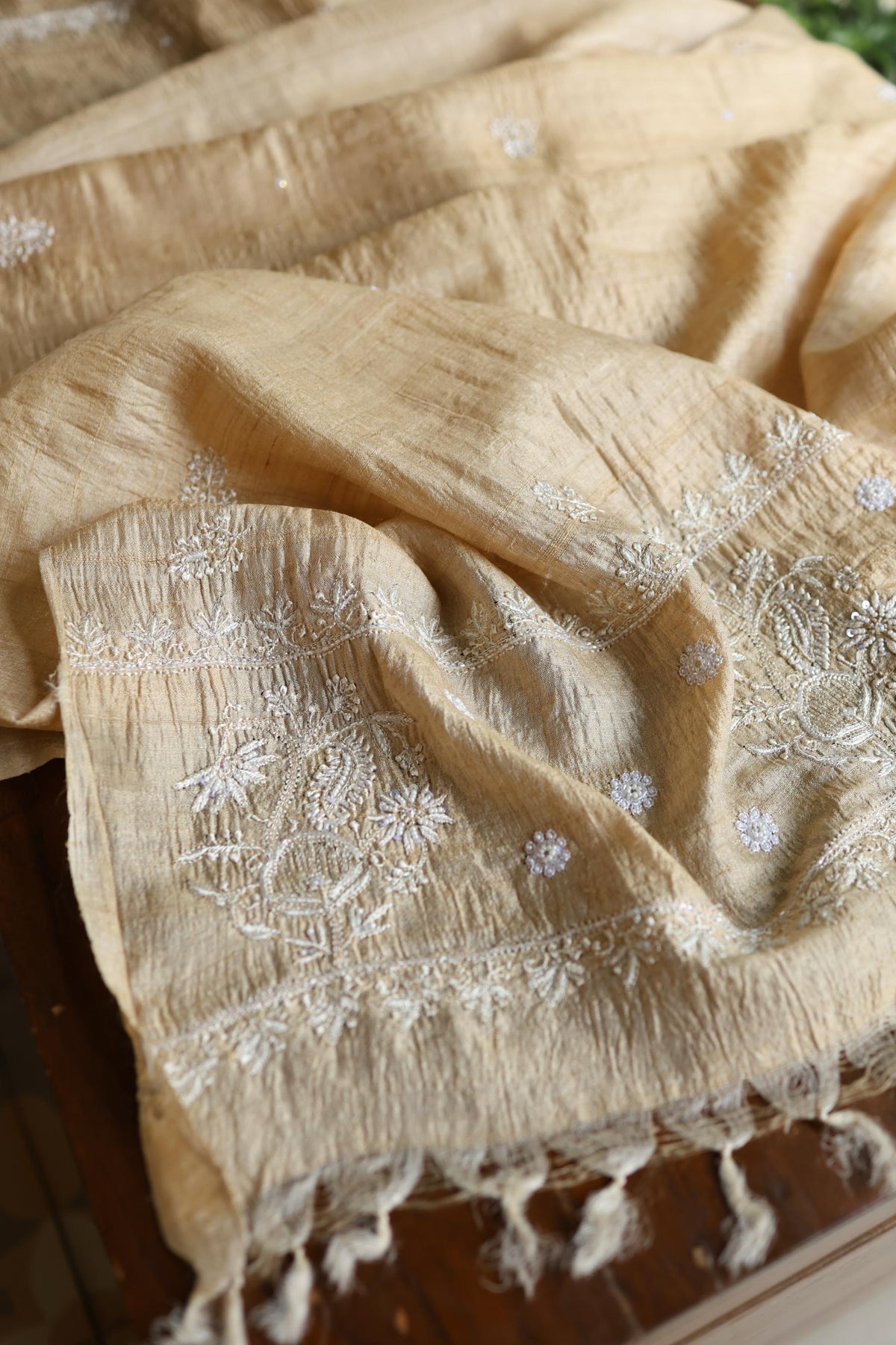 Natural Colour Tussar Silk Ari Embroidery Unstitched Kurta Dupatta Set