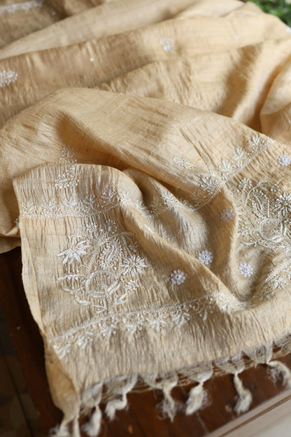 Natural Colour Tussar Silk Ari Embroidery Unstitched Kurta Dupatta Set