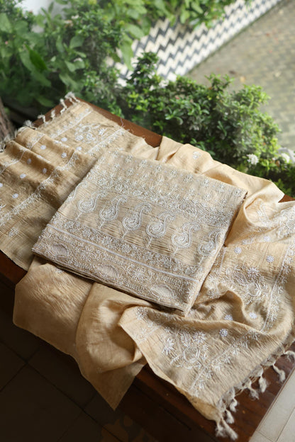 Natural Colour Tussar Silk Ari Embroidery Unstitched Kurta Dupatta Set