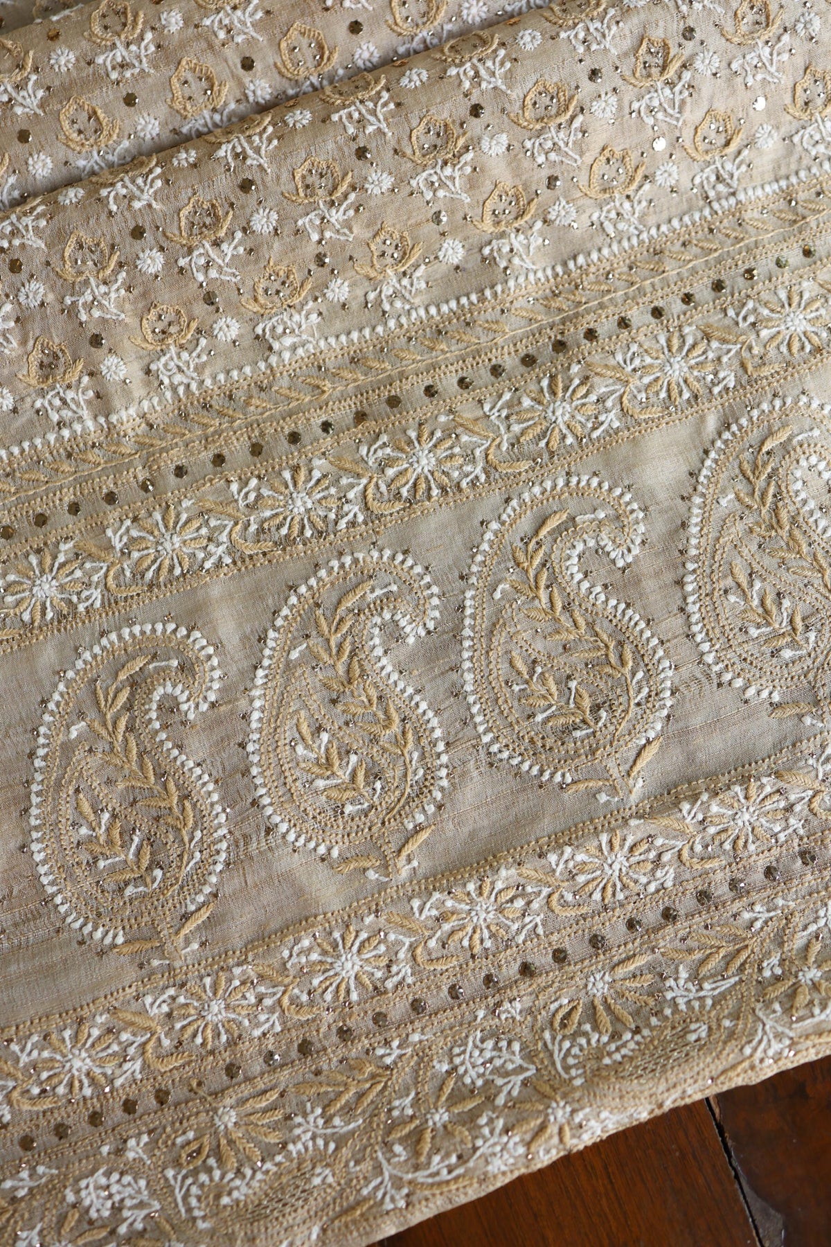 Natural Colour Tussar Silk Mukaish Kamdani Unstitched Kurta Dupatta