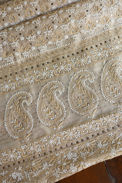 Natural Colour Tussar Silk Mukaish Kamdani Unstitched Kurta Dupatta