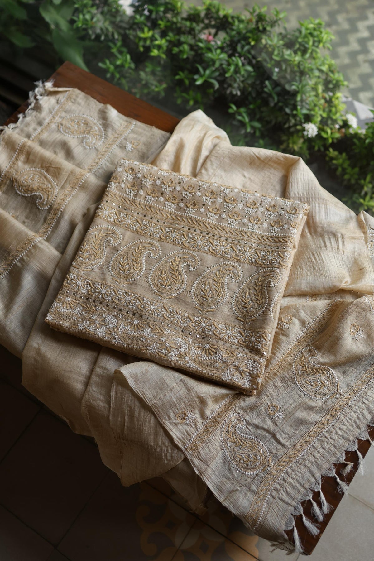 Natural Colour Tussar Silk Mukaish Kamdani Unstitched Kurta Dupatta