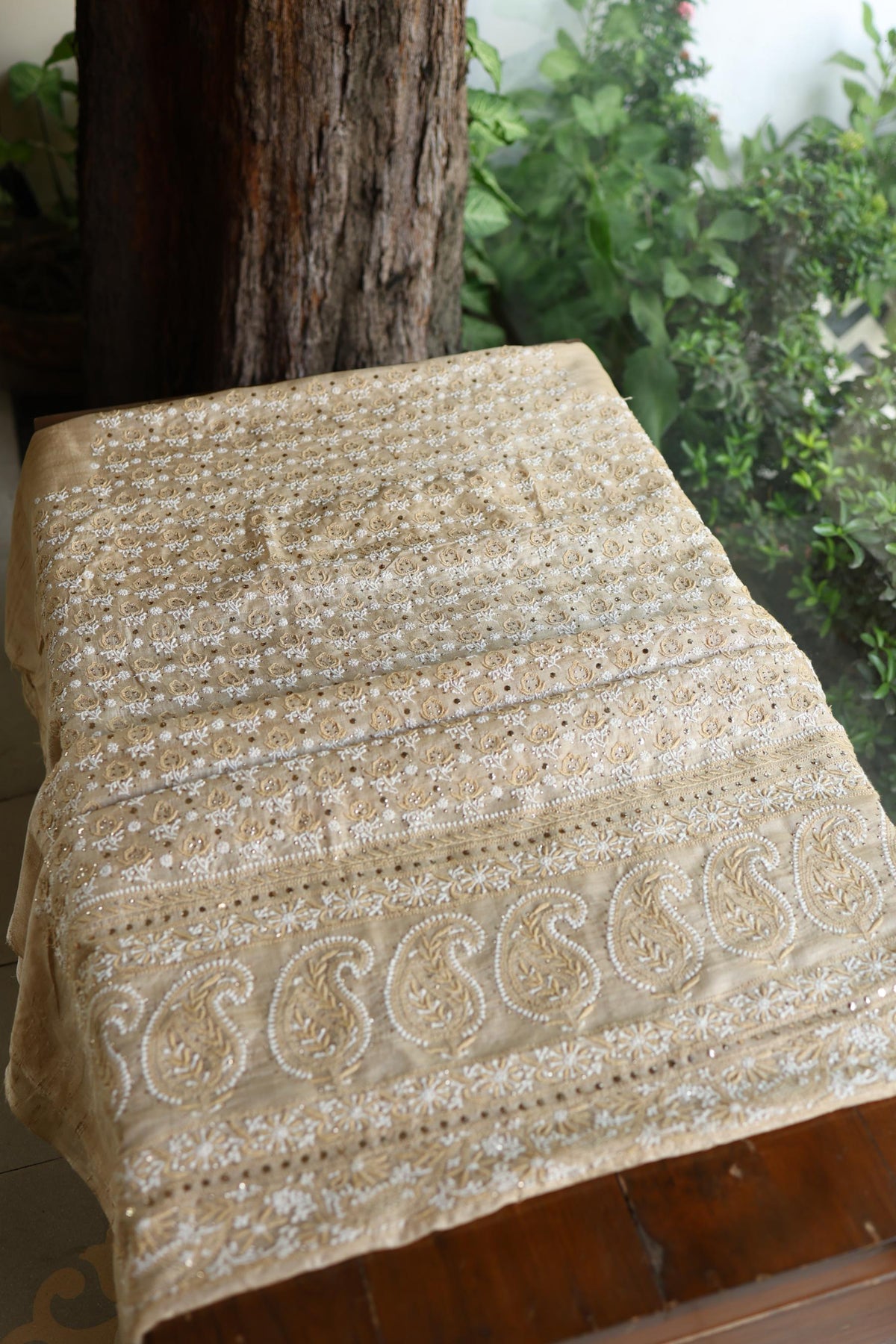 Natural Colour Tussar Silk Mukaish Kamdani Unstitched Kurta Dupatta