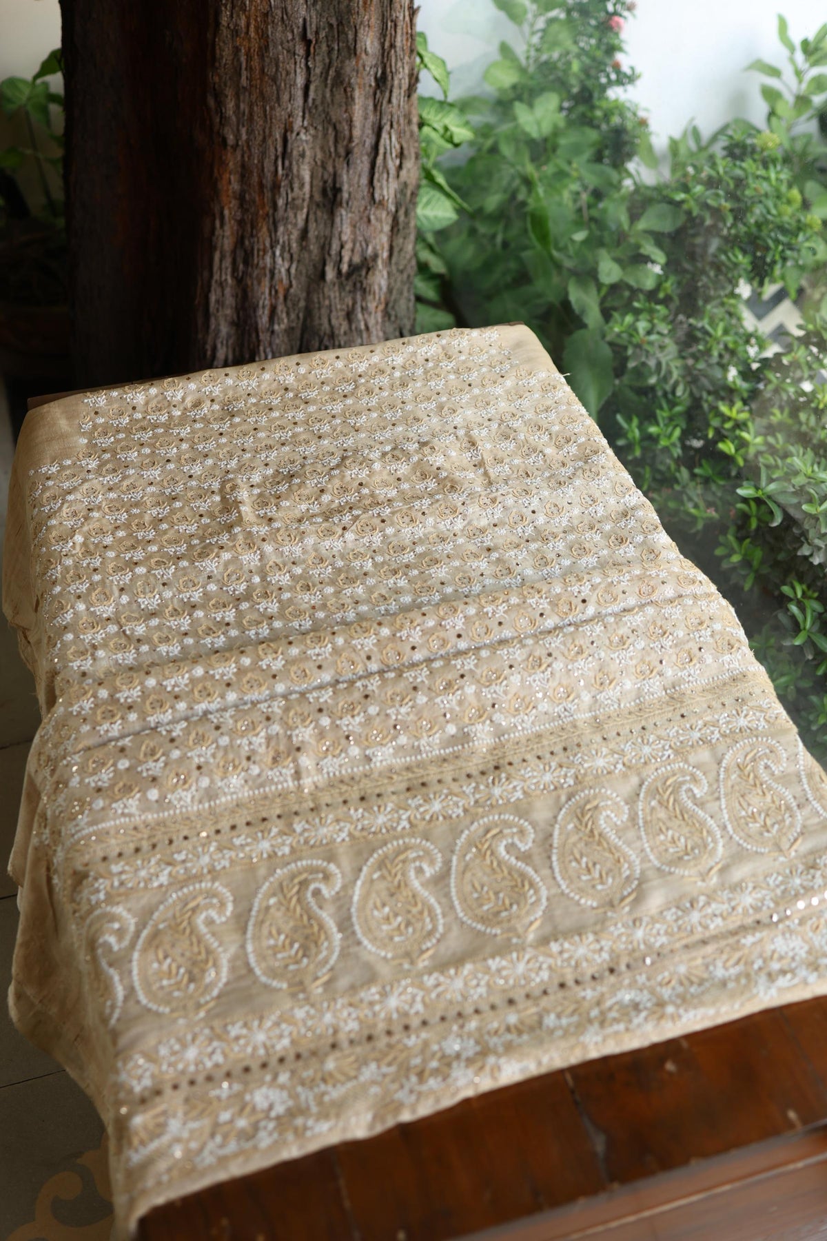 Natural Colour Tussar Silk Mukaish Kamdani Unstitched Kurta Dupatta
