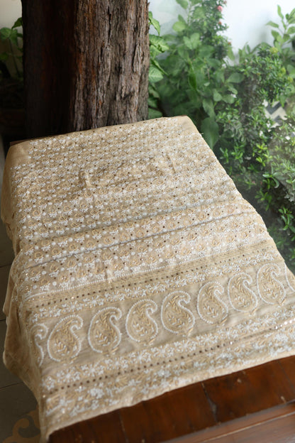 Natural Colour Tussar Silk Mukaish Kamdani Unstitched Kurta Dupatta