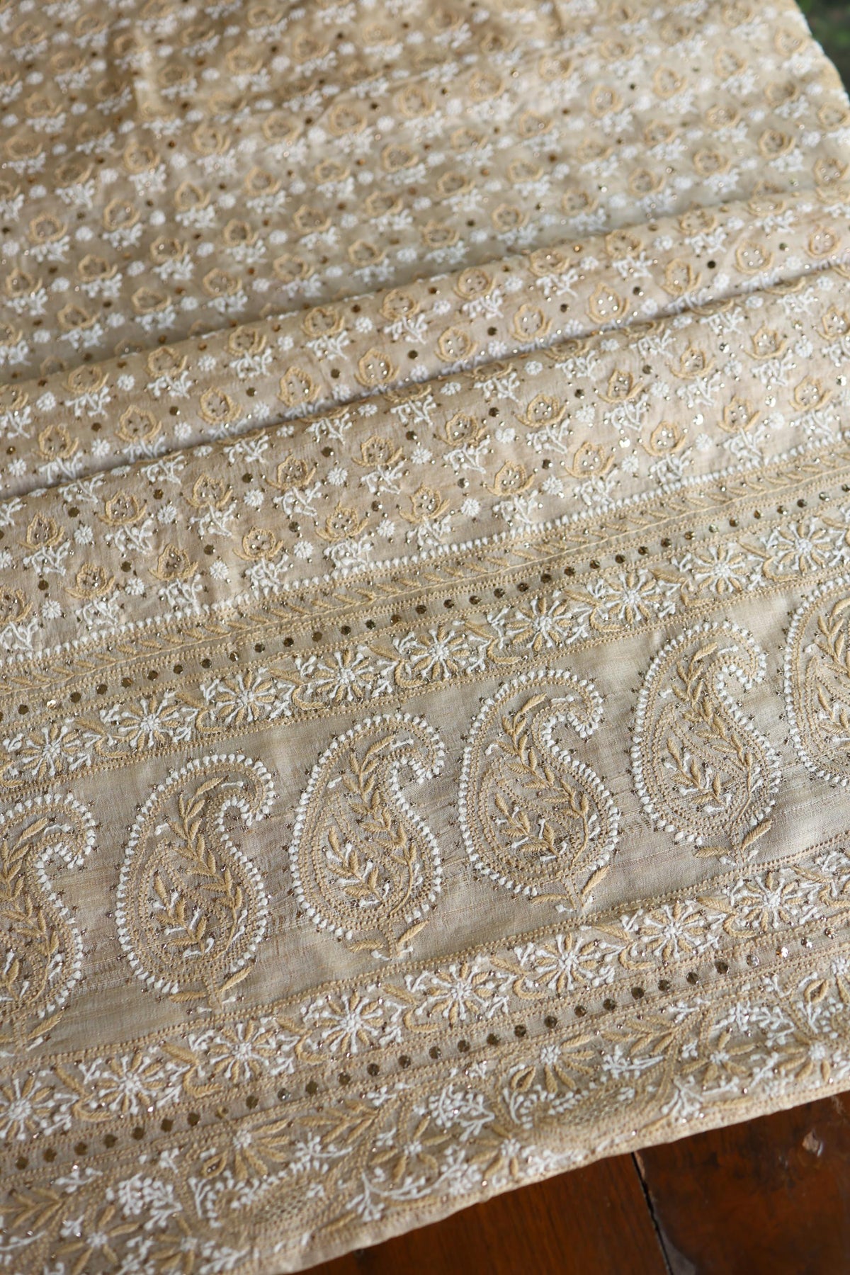 Natural Colour Tussar Silk Mukaish Kamdani Unstitched Kurta Dupatta