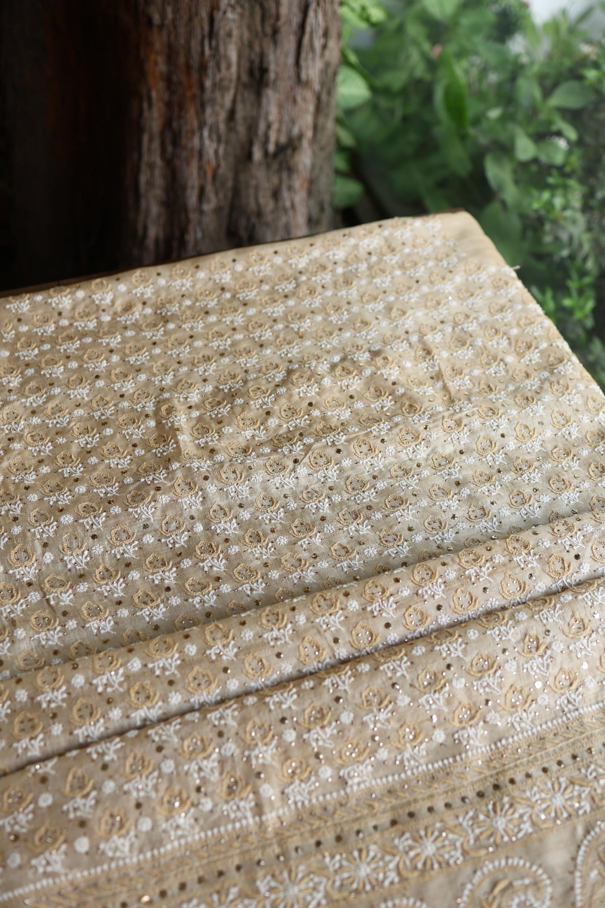 Natural Colour Tussar Silk Mukaish Kamdani Unstitched Kurta Dupatta
