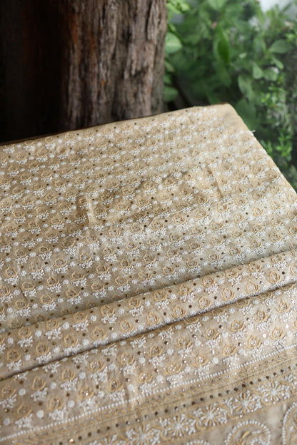 Natural Colour Tussar Silk Mukaish Kamdani Unstitched Kurta Dupatta
