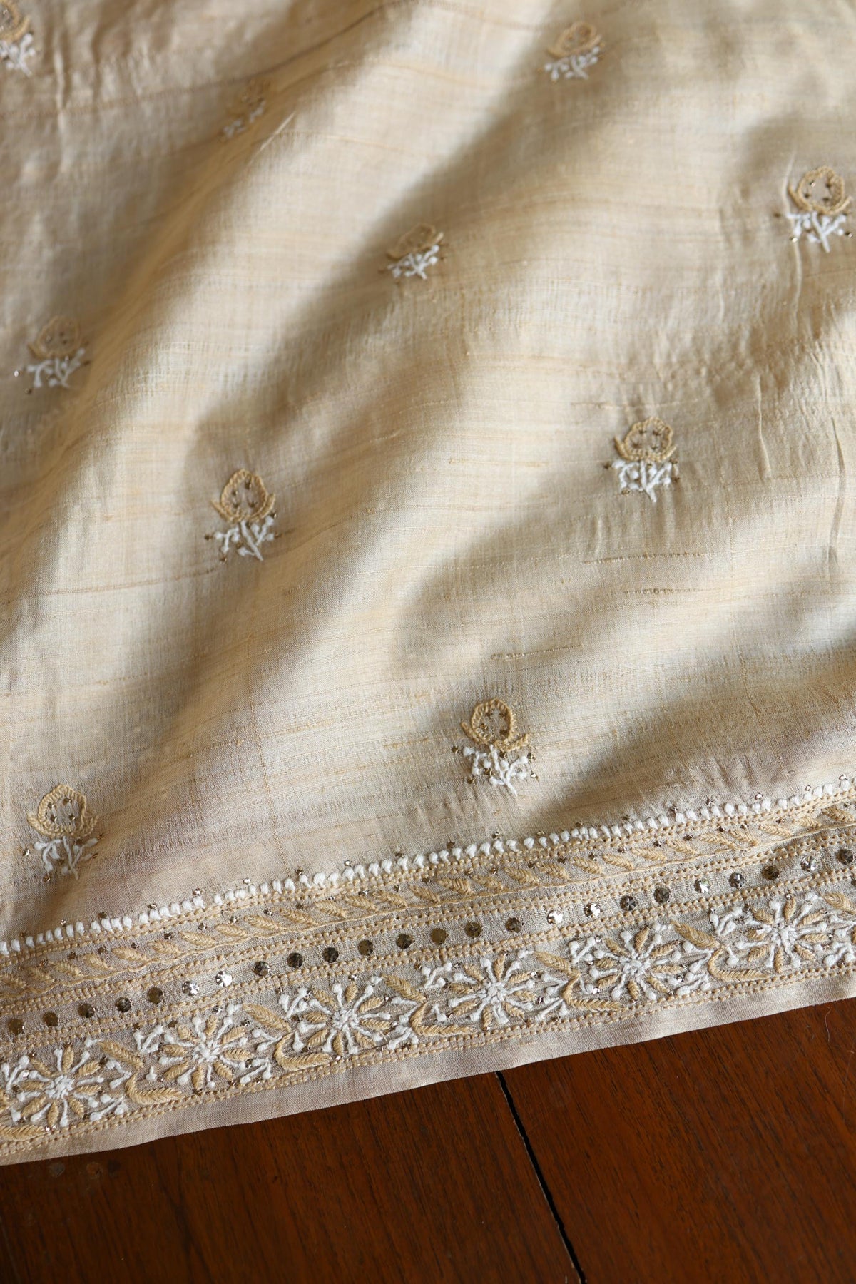 Natural Colour Tussar Silk Mukaish Kamdani Unstitched Kurta Dupatta