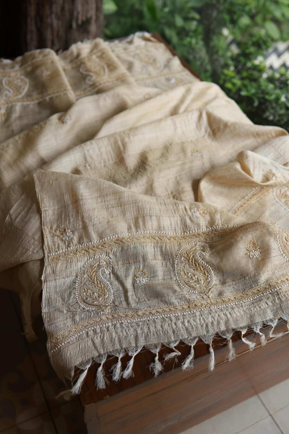 Natural Colour Tussar Silk Mukaish Kamdani Unstitched Kurta Dupatta