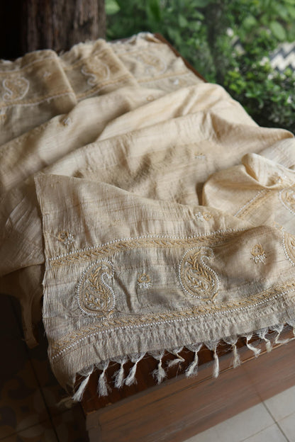 Natural Colour Tussar Silk Mukaish Kamdani Unstitched Kurta Dupatta