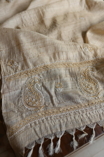 Natural Colour Tussar Silk Mukaish Kamdani Unstitched Kurta Dupatta