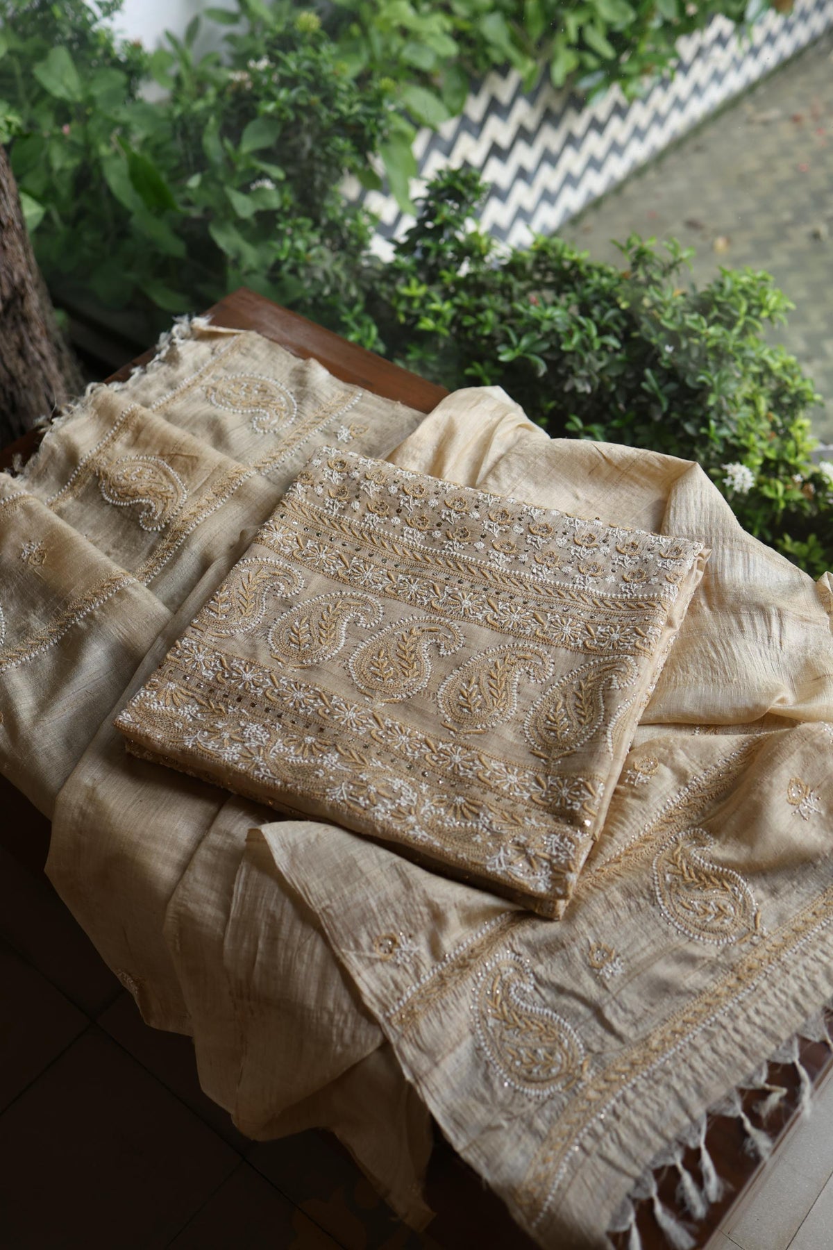 Natural Colour Tussar Silk Mukaish Kamdani Unstitched Kurta Dupatta
